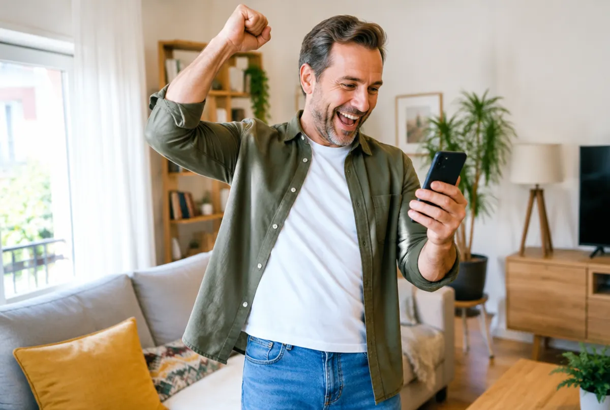 Un hombre celebra en su salón mirando el móvil