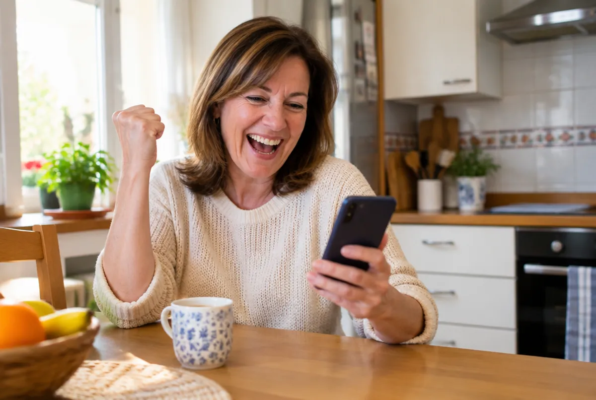 Una mujer celebra en su cocina mirando el móvil