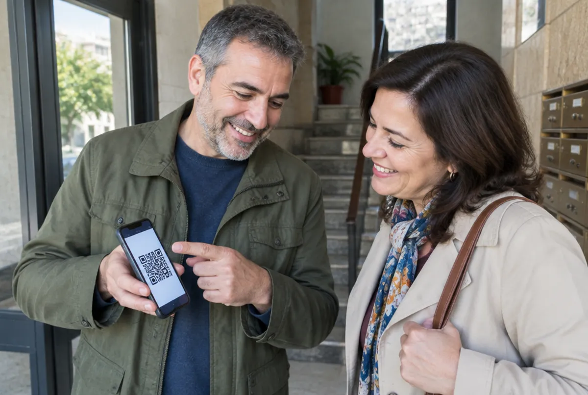 Dos vecinos comparten un código QR en el móvil